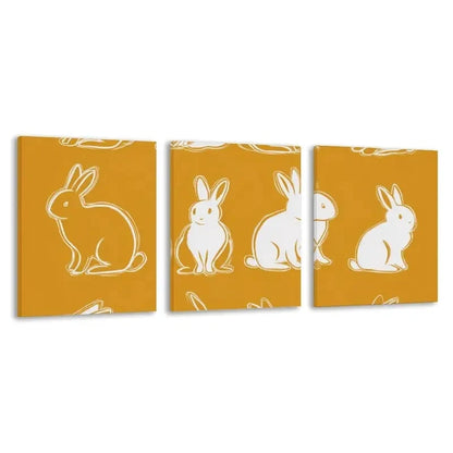 3pcs White Rabbits on Amber Background   Wall Art Set Canvas Framed 40x60cm - High Quality Print 100% Australian Made Wall Canvas Ready to Hang