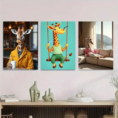 3pcs Colorful Giraffe Whimsical Modern Painting Wall Art Set Canvas Unframed - High Quality Print 100% Australian Made Wall Canvas - Bella Home Decor