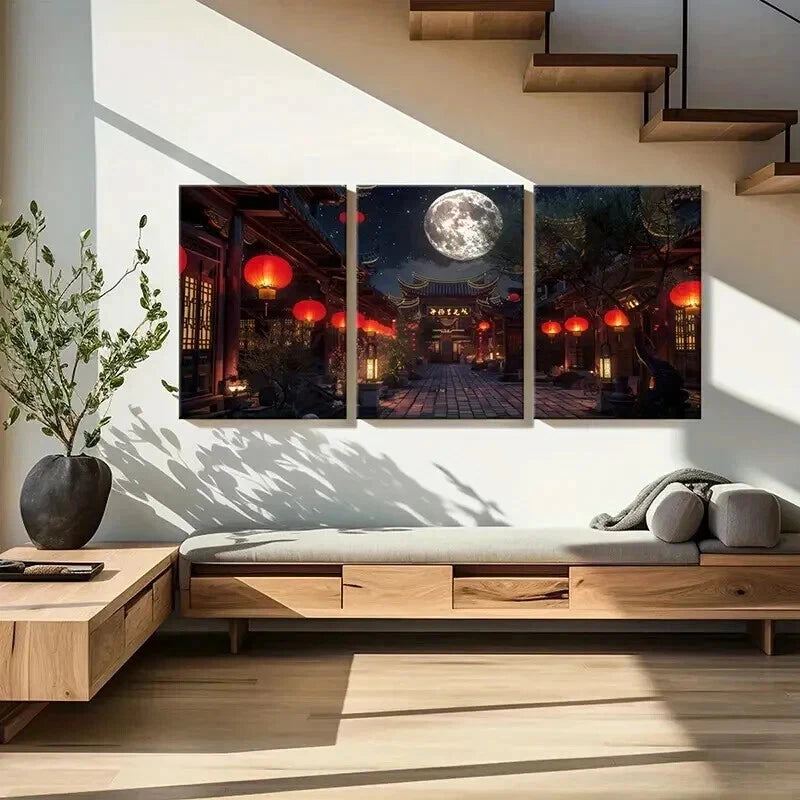 3pcs Traditional Architecture Lantern in Moonlit Wall Art Set Canvas Framed 60x90cm - High Quality Print 100% Australian Made Wall Canvas Ready to Hang - Bella Home Decor