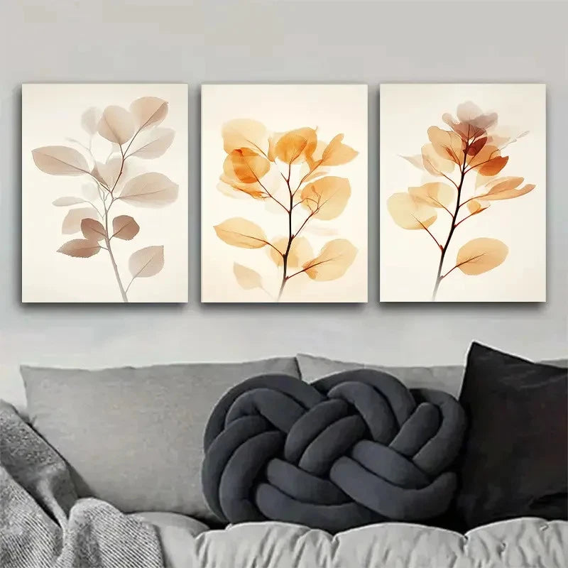 3pcs Decorative Soft-Toned Plant Leaves Metal Print Ready to Hang Art - Bella Home Decor