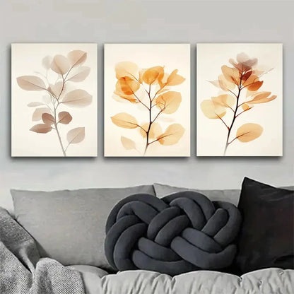 3pcs Decorative Soft-Toned Plant Leaves Metal Print Ready to Hang Art - Bella Home Decor