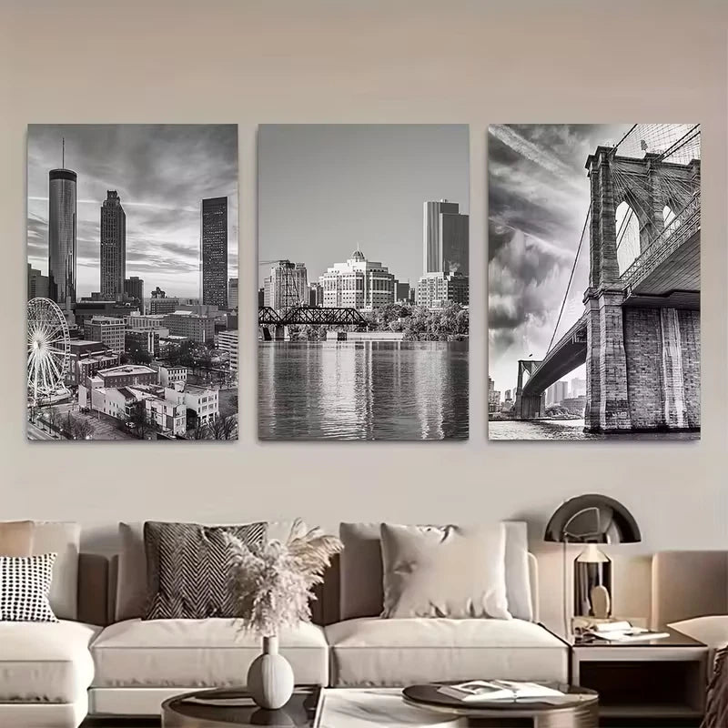 3pcs Atlanta Black and White Metal Print Ready to Hang Art - Bella Home Decor
