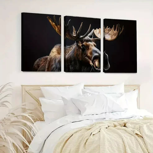 3pcs Retro Simple Elk Animal in Dark Black Wall Art Canvas Unframed - High Quality Print 100% Australian Made Wall Canvas