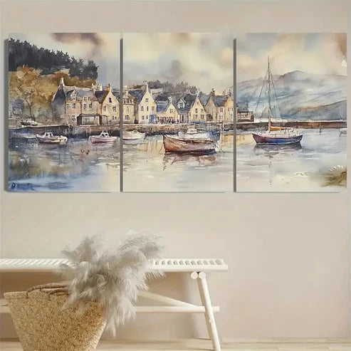 3pcs Campbeltown Lochside Town, Houses & Boats  Wall Art Set Canvas Unframed - High Quality Print 100% Australian Made Wall Canvas - Bella Home Decor