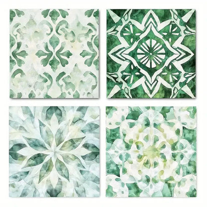 4pcs Flower Pattern Green Boho Indian Wall Art Canvas Framed