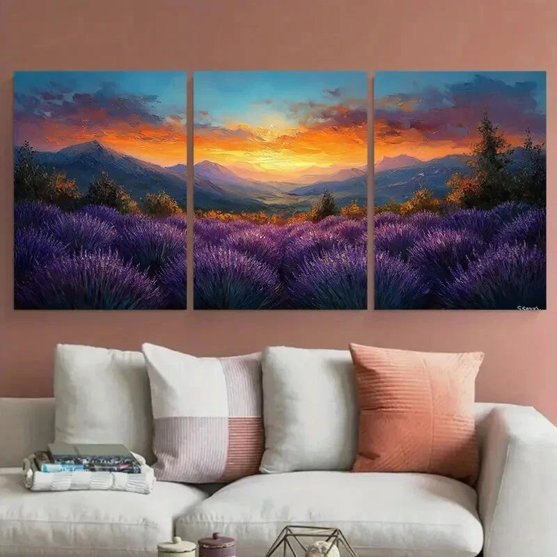 3pcs Provence Lavender Fields Mountain Sunset Metal Print Ready to Hang Art - Bella Home Decor