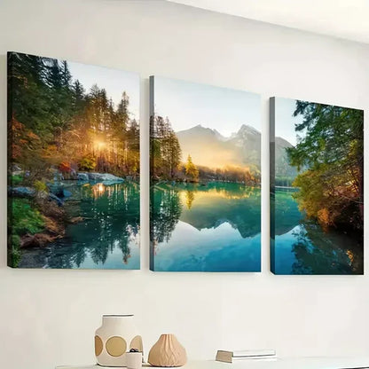 3pcs Sunrise Mountains, Forest, Lake Reflections Wall Art Canvas Unframed - High Quality Print 100% Australian Made Wall Canvas