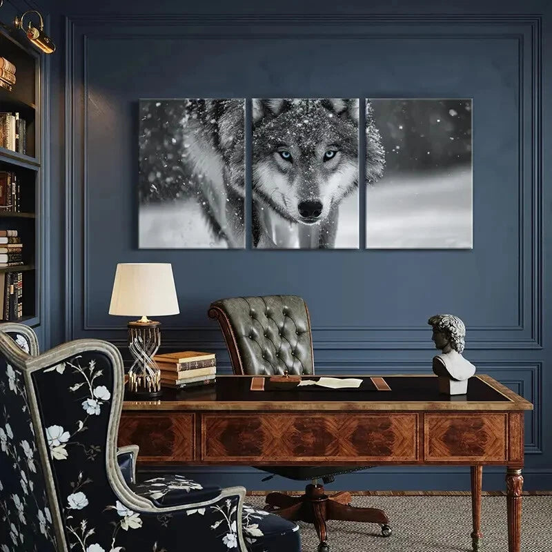 3pcs Snowy Winter Scene with Blue Eyes Metal Print Ready to Hang Art - Bella Home Decor