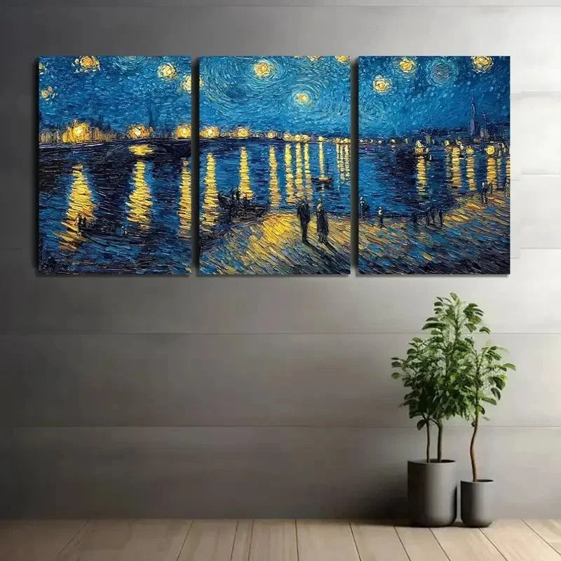 3pcs Starry Night Over River with Reflections Metal Print Ready to Hang Art - Bella Home Decor