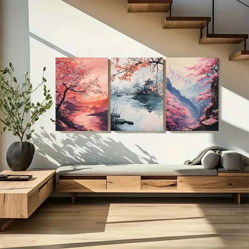 3pcs Japanese Sakura Blossom Landscapes Metal Print Ready to Hang Art - Bella Home Decor