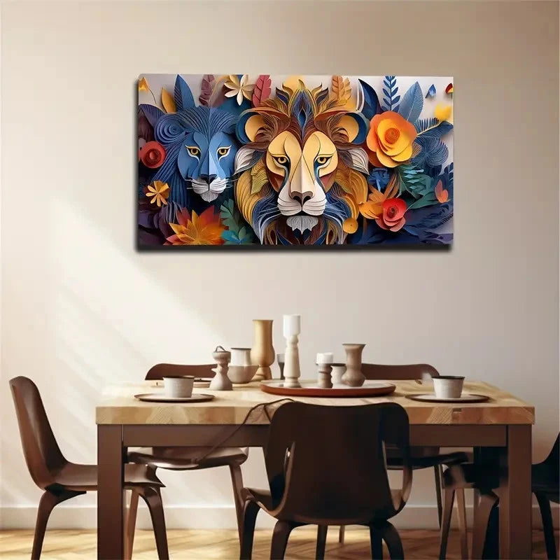 Lions & Floral Bohemian Wall Art Canvas Office Home Room Framed 120x60cm