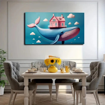 Whimsical Whale & Wall Art Canvas Office Home Room Framed 120x60cm