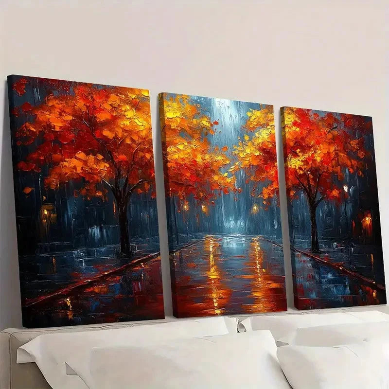3pcs Night Rainy Street Oil Painting Y  Wall Art Set Canvas Framed 40x60cm - High Quality Print 100% Australian Made Wall Canvas Ready to Hang