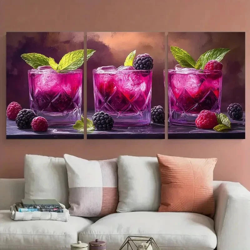 3pcs Fresh Berry Raspberry Blackberry Mint Metal Print Ready to Hang Art - Bella Home Decor