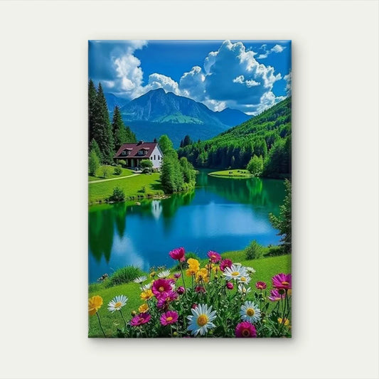 Lakeside House with Flower Bed  60x90cm Metal Print Ready to Hang