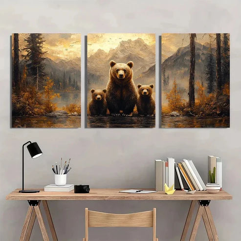 3pcs Bear Family Forest Nature Scenery Wall Art Canvas Unframed - High Quality Print 100% Australian Made Wall Canvas