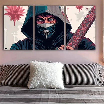3pcs Hooded Figure With Sword And Floral Design Wall Art Set Canvas Framed 40x60cm - High Quality Print 100% Australian Made Wall Canvas Ready to Hang