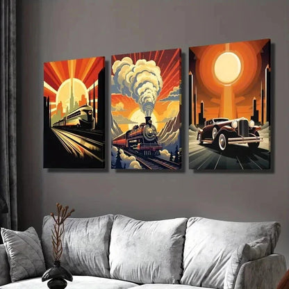 3pcs Steam Age & Industrial Cars & Trains Wall Art Set Canvas Framed 50x70cm - High Quality Print 100% Australian Made Wall Canvas Ready to Hang