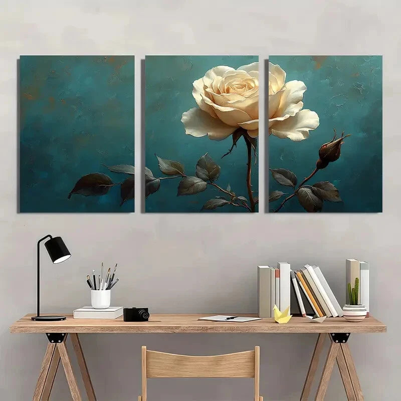 3pcs White Rose Flower Art Rose Painting Print Metal Print Ready to Hang Art - Bella Home Decor