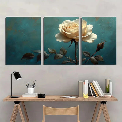 3pcs White Rose Flower Art Rose Painting Print Metal Print Ready to Hang Art - Bella Home Decor