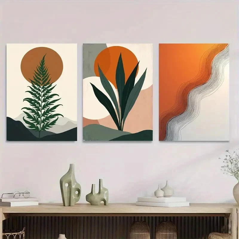 3pcs Vibrant Sun, Leaf Pink, Orange, Blue, Green Metal Print Ready to Hang Art