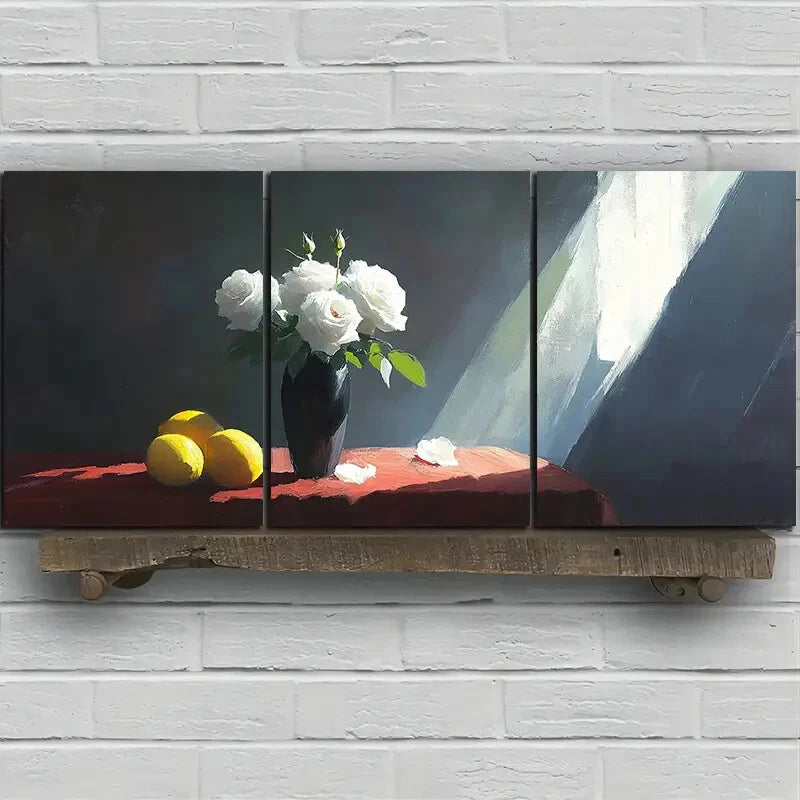 3pcs Chic White Rose Black Vase Metal Print Ready to Hang Art - Bella Home Decor