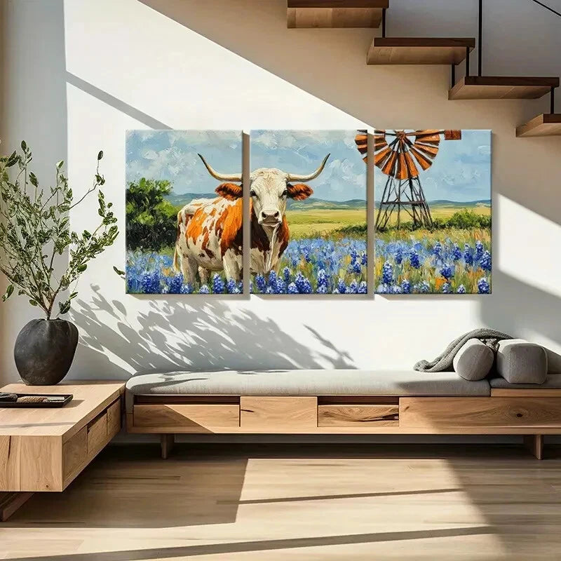 3pcs Texas Longhorn Cow Bluebonnet Flowers Metal Print Ready to Hang Art - Bella Home Decor