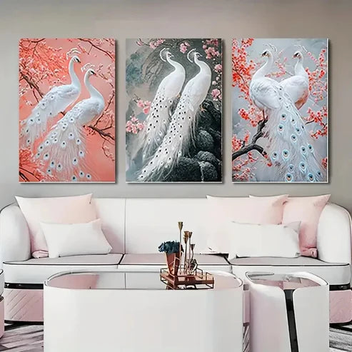 3pcs Elegant White Peacocks and Peach Wall Art Canvas Unframed - High Quality Print 100% Australian Made Wall Canvas