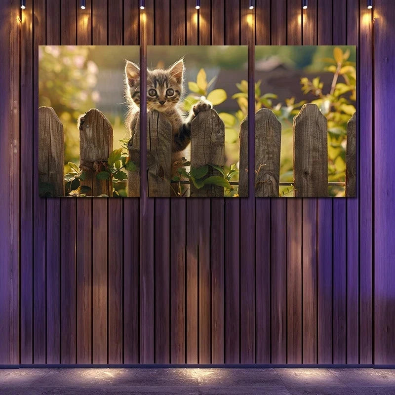 3pcs Charming Kitten at the Fence Metal Print Ready to Hang Art - Bella Home Decor