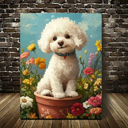 Cute Bichon Frise Dog with Flowers & Plants Painting 40x60cm Metal Print Ready to Hang - Bella Home Decor