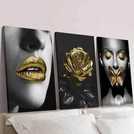 3pcs woman with Golden lipstick girl with Gold Wall Art Set Canvas Framed 40x60cm - High Quality Print 100% Australian Made Wall Canvas Ready to Hang