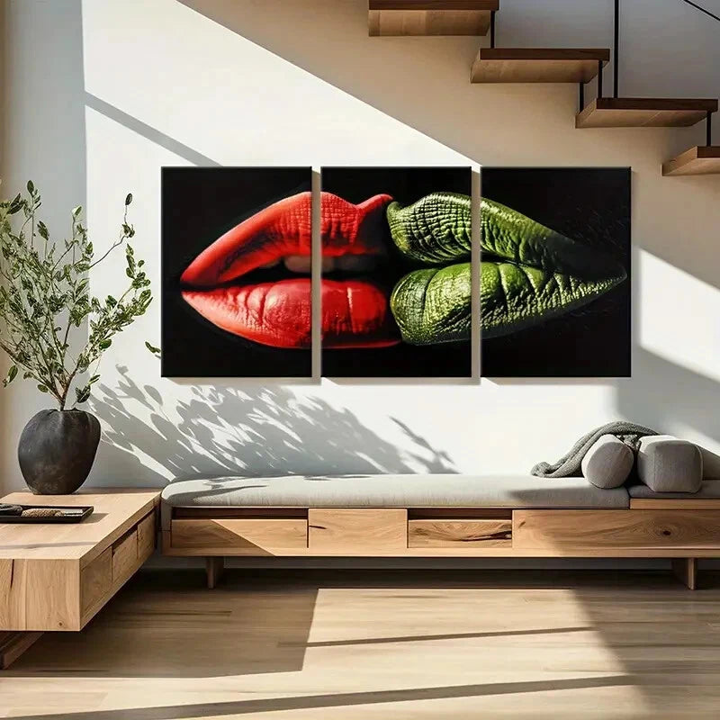 3pcs Red Lips Abstract Art Contrast Colors Metal Print Ready to Hang Art - Bella Home Decor