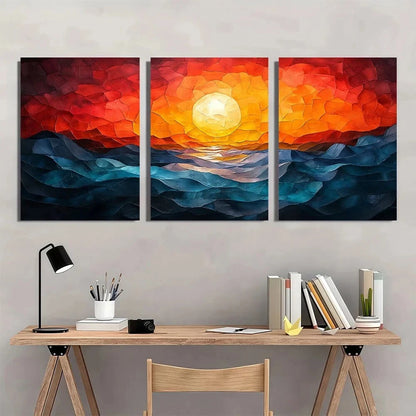 3pcs Sunset Mosaic Abstract Colourful Metal Print Ready to Hang Art - Bella Home Decor