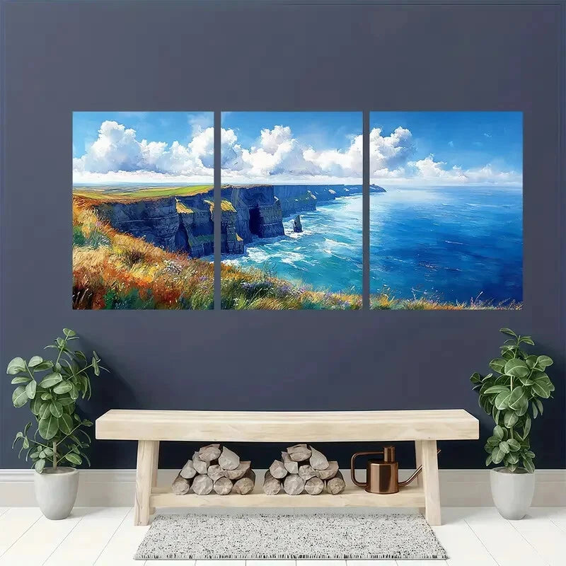 3pcs m Ireland Painting Cliffs of Moher Watercolor Metal Print Ready to Hang Art - Bella Home Decor
