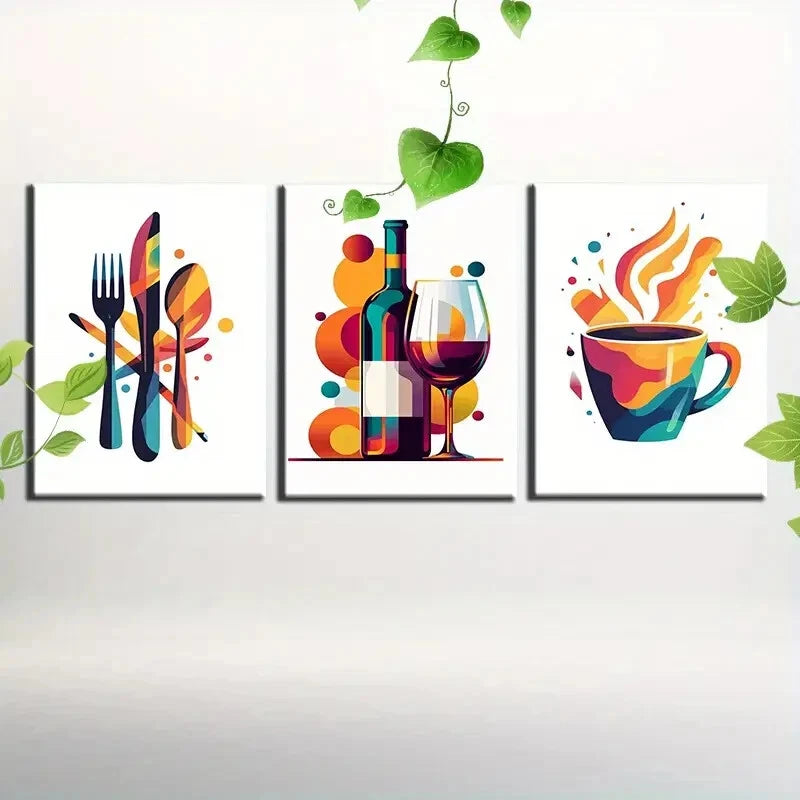 3pcs Vibrant Teal Blue and Orange Kitchenware Metal Print Ready to Hang Art - Bella Home Decor
