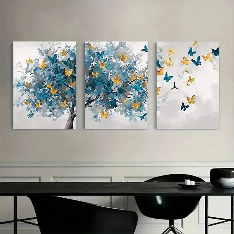 3pcs Abstract Art Depicting a Tree of Butterflies Metal Print Ready to Hang Art - Bella Home Decor