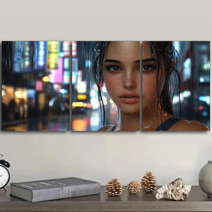 3pcs Night Rain Scene with Brown-Haired Girl Wall Art Set Canvas Framed 40x60cm - High Quality Print 100% Australian Made Wall Canvas Ready to Hang