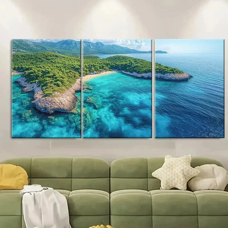 3pcs Turquoise Water Aerial View ER   Wall Art Set Canvas Framed 50x70cm - High Quality Print 100% Australian Made Wall Canvas Ready to Hang
