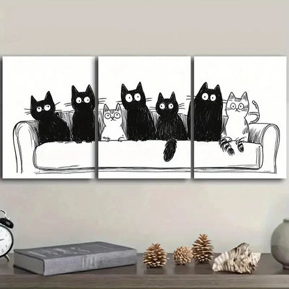 3pcs Black & White Cats Sitting on Couch Wall Art Set Canvas Framed 40x60cm - High Quality Print 100% Australian Made Wall Canvas Ready to Hang