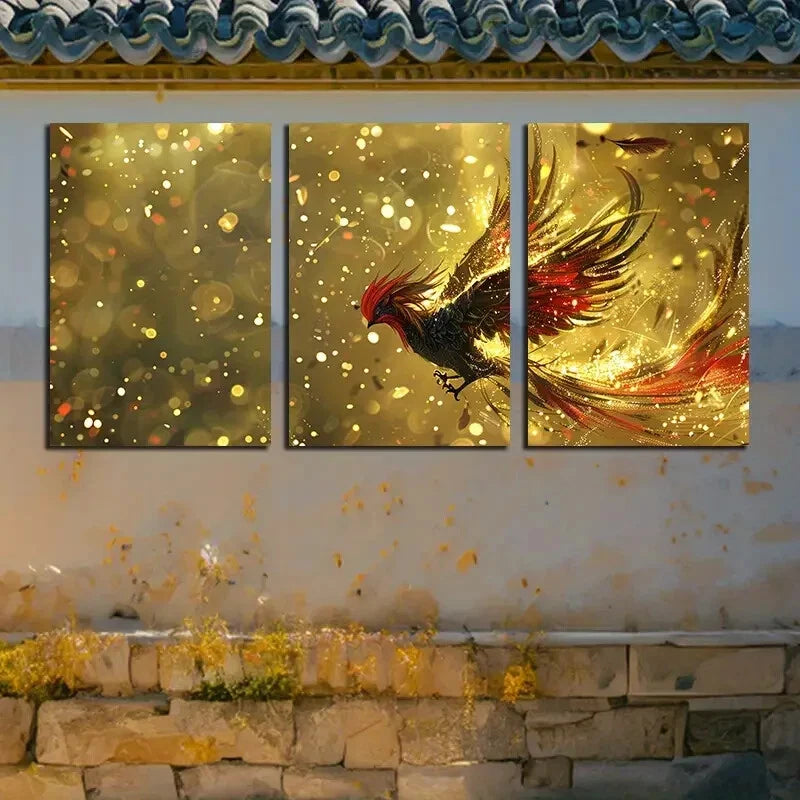 3pcs Vibrant Phoenix Golden Illustration Metal Print Ready to Hang Art - Bella Home Decor