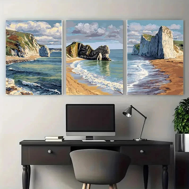 3pcs England Coastal Dorset Landscape Scene Wall Art Set Canvas Framed 60x90cm - High Quality Print 100% Australian Made Wall Canvas Ready to Hang