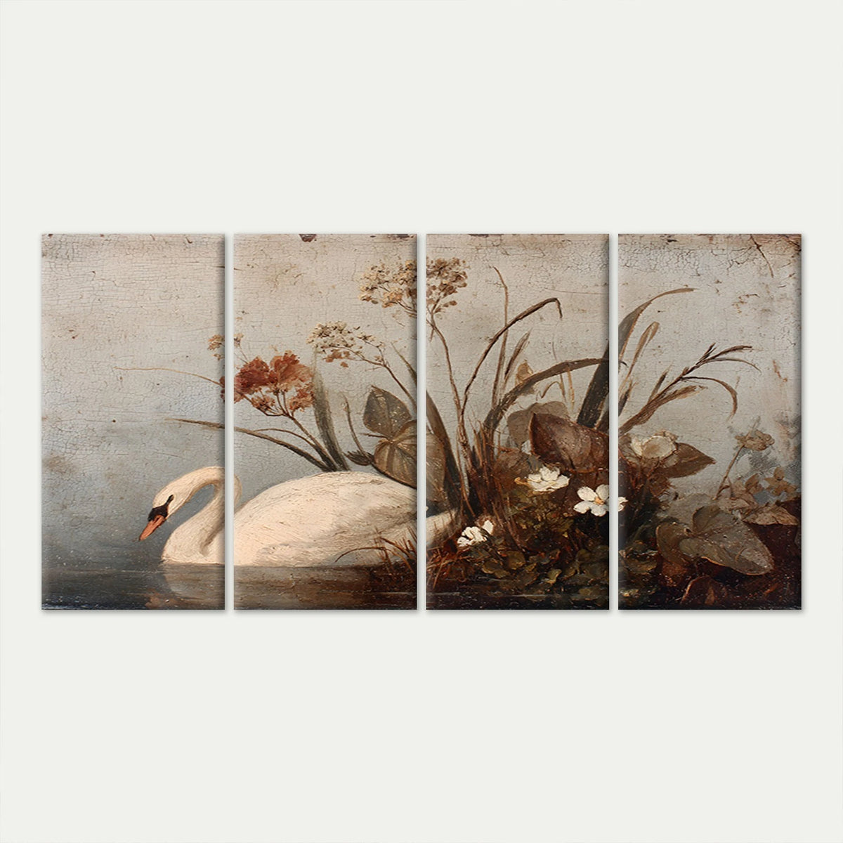 4pcs Vintage Oil Painting Swan In Lake Wall Art Canvas Framed 45x80cm - High Quality Print 100% Australian Made Wall Canvas Ready to Hang