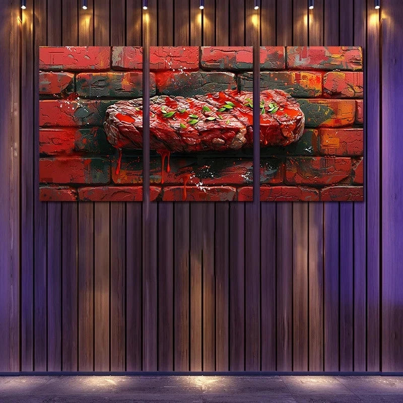 3pcs Steak Against a Brick Wall Background Metal Print Ready to Hang Art