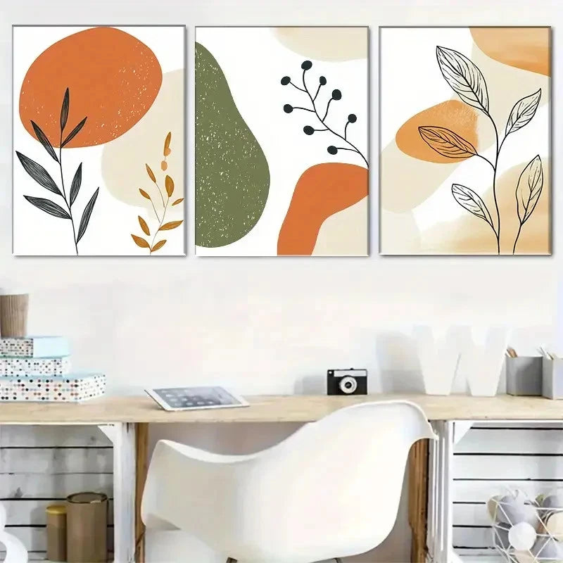 3pcs Geometric and Plant Art Set Print Metal Print Ready to Hang Art - Bella Home Decor