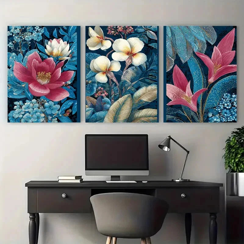 3pcs Bali Travel Indonesian Florals Illustration Wall Art Set Canvas Framed 50x70cm - High Quality Print 100% Australian Made Wall Canvas Ready to Hang - Bella Home Decor