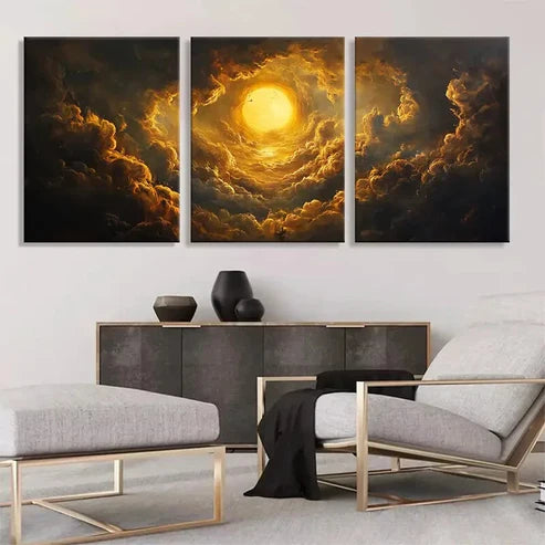 3pcs Dramatic Golden Sun and Clouds Perfect Wall Art Canvas Unframed - High Quality Print 100% Australian Made Wall Canvas - Bella Home Decor