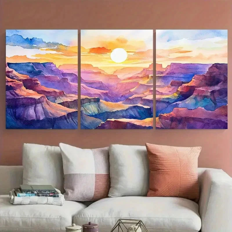 3pcs Radiant Canyon Sunset Watercolor Painting Wall Art Set Canvas Framed 60x90cm - High Quality Print 100% Australian Made Wall Canvas Ready to Hang
