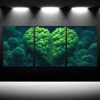 3pcs Vibrant Heart Shaped Forest Greenery Metal Print Ready to Hang Art