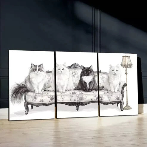 3pcs Black & White Cats In Sofa Canvas Framed 60x90cm - High Quality Print 100% Australian Made Wall Canvas Ready to Hang