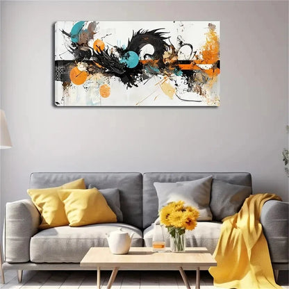 Black Dragon Turquoise Circular Wall Art Canvas Office Home Room Framed 120x60cm - Bella Home Decor